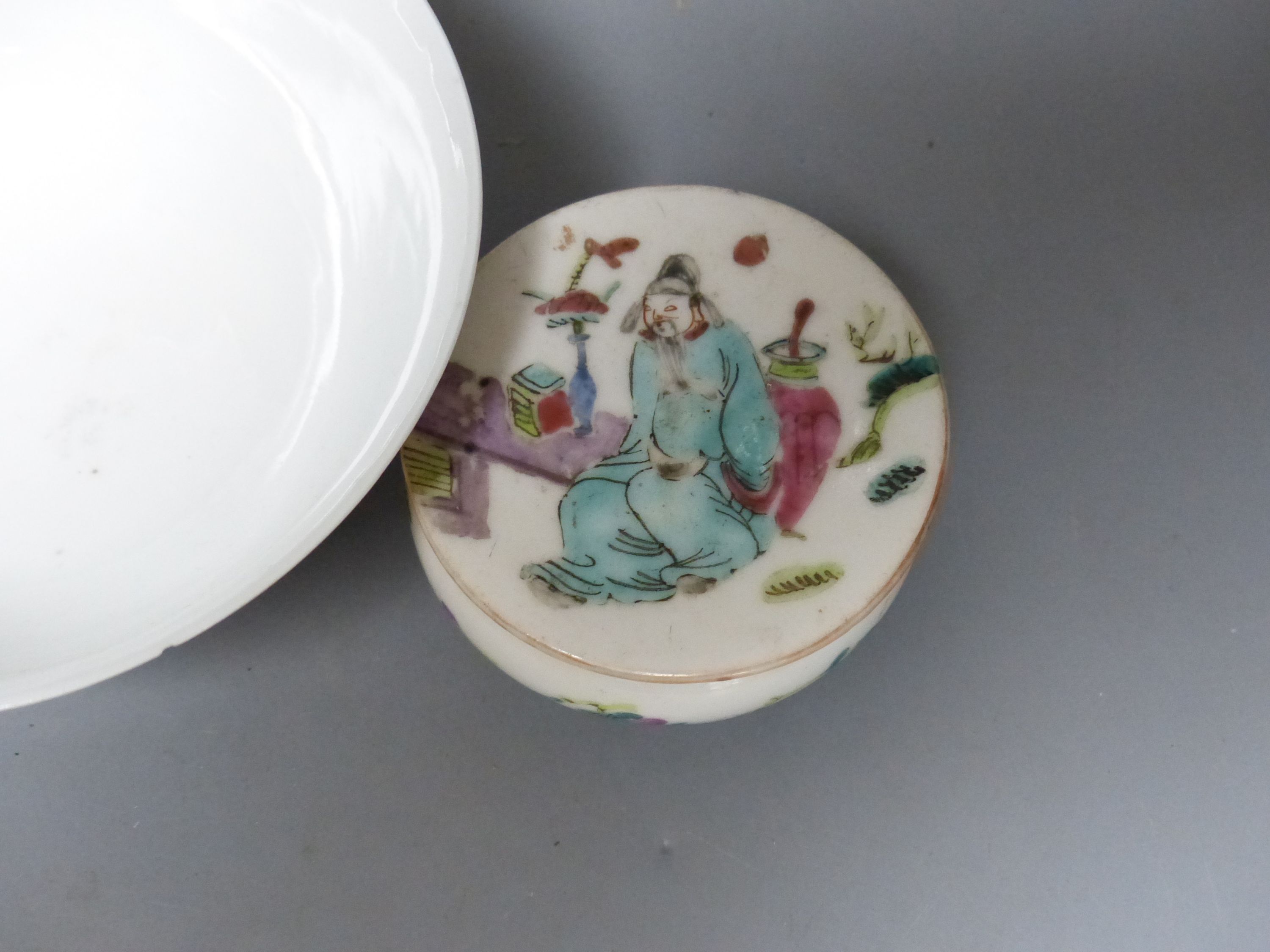 A Chinese bowl, diameter 13cm, a miniature vase and a lidded pot, Qing/Republic period